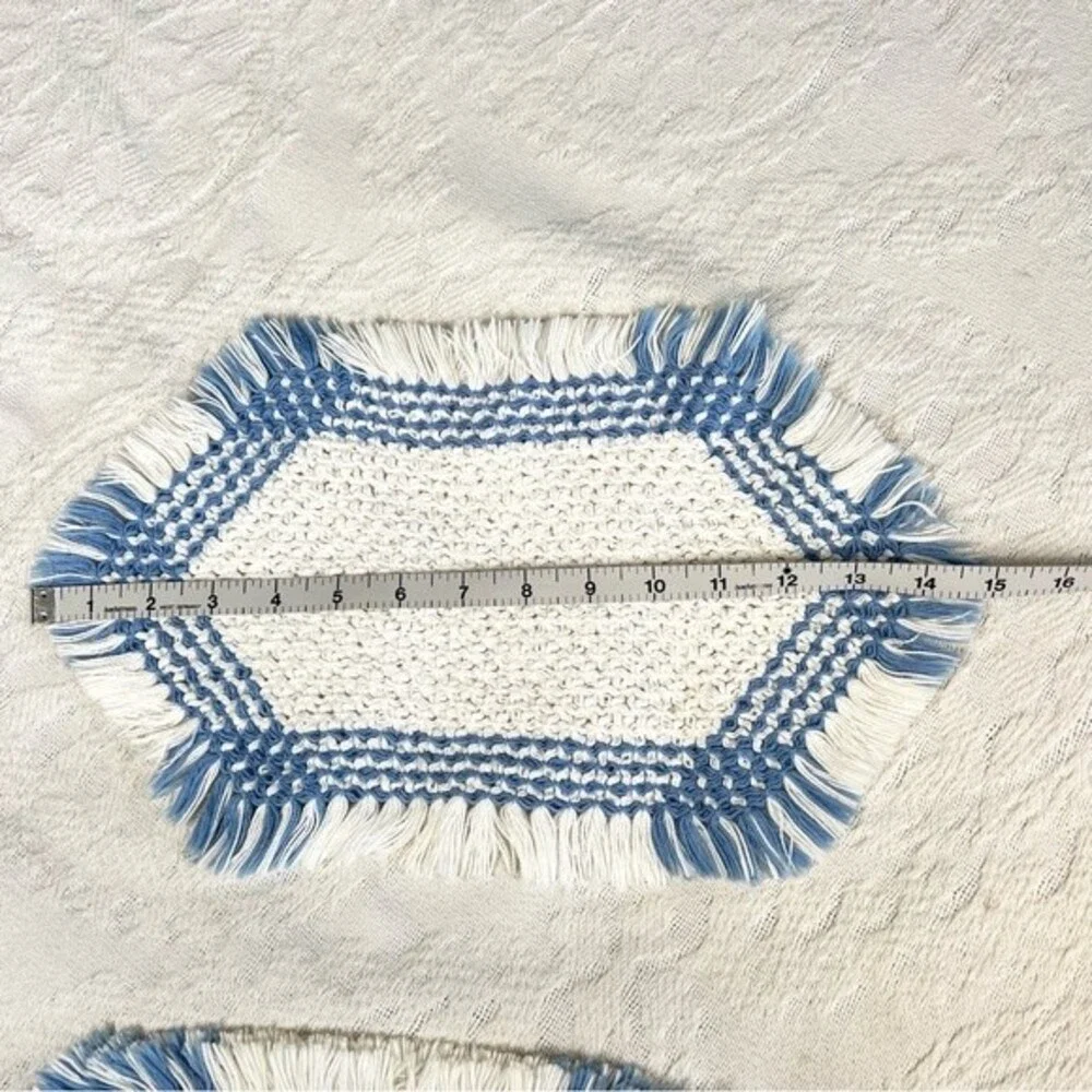 Vintage Woven Fringe Hot Pads Set of Three White and Blue Yarn Potholders Trivet
